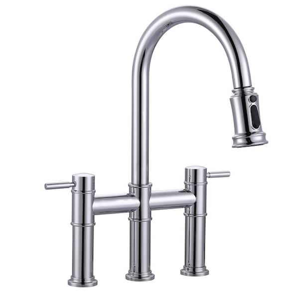 VEVETTA Double Handle Pull-Down High Arc Bridge Kitchen Faucet with Stainless Steel in Polished Chrome