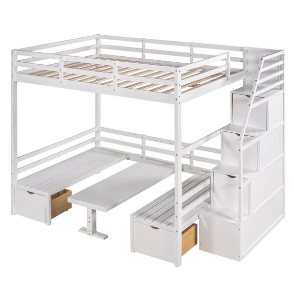 Angel Sar White Full Over Full Bunk Bed with Storage Staircase, The Down Bed Can Be Convertible To Seats and Table Set