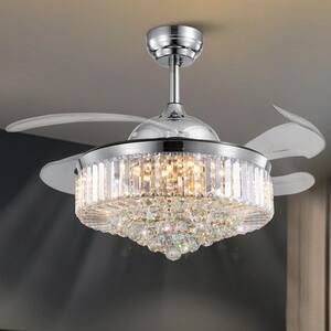 42 in. Indoor Chrome Ceiling Fan with Lights Retractable Blades Integrated LED Crystal Smart Remote Control Included