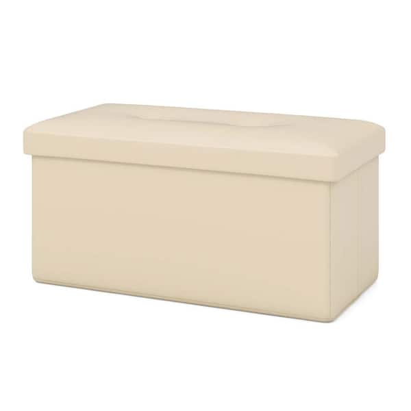 Costway White Rectangle Folding Storage Ottoman Upholstered Footstool PVC Leather 22.5 Gallon