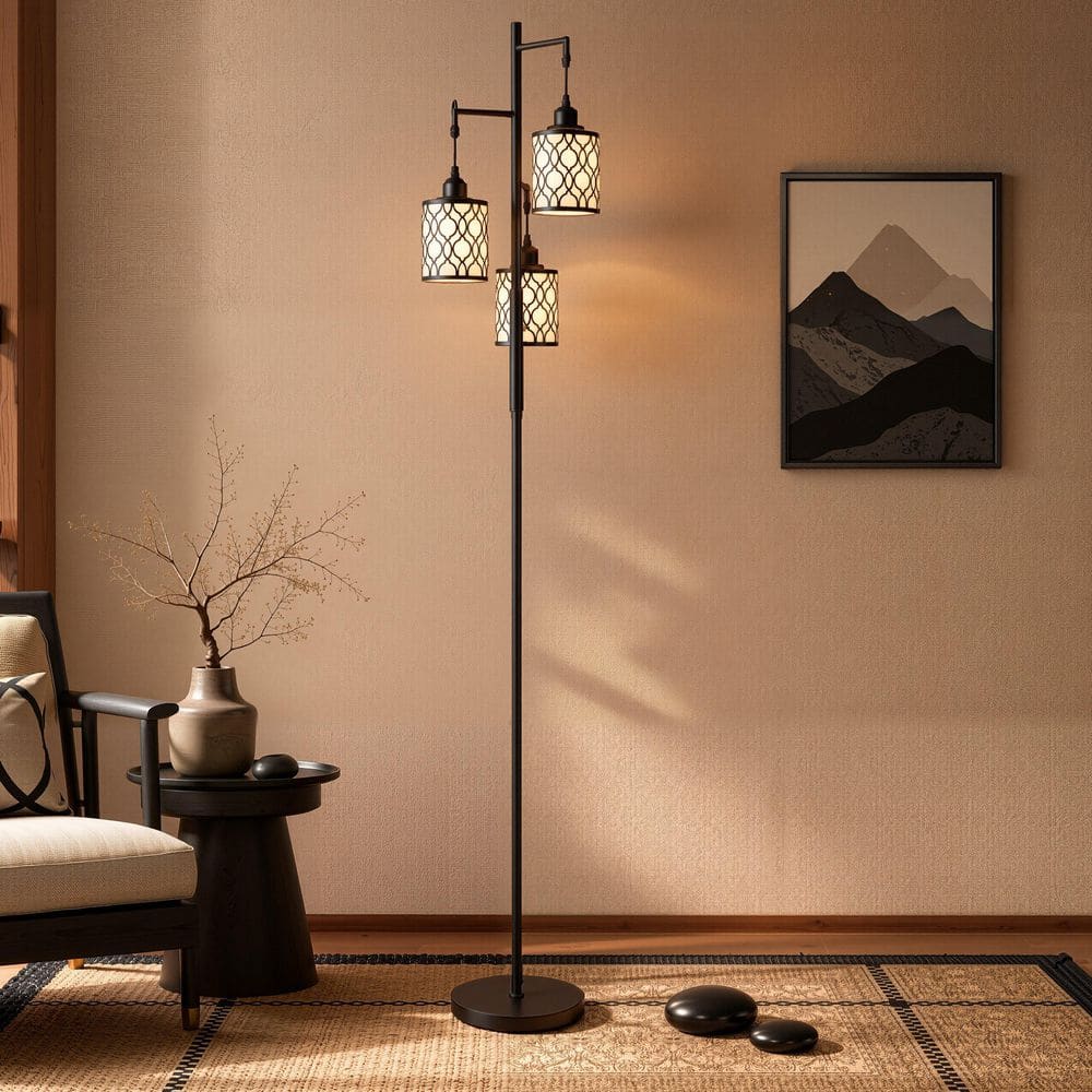 KAWOTI 72 in. Black 3-Light Traditional Tree Standing Floor Lamps