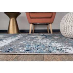 Distressed Modern Abstract Watercolor Blue 2 ft. x 3 ft. Area Rug