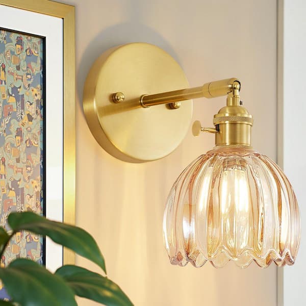 5.09 in. 1-Light Gold Vintage Modern Industrial Wall Sconce with Tulip Amber Glass Shade for Bedside Bedroom Doorway