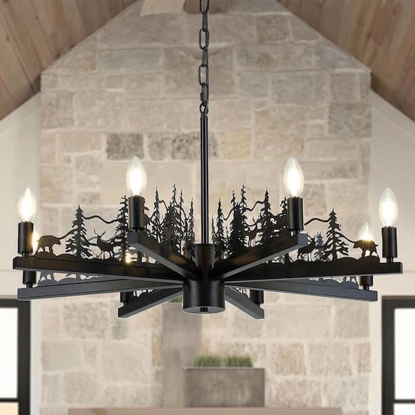 8-Light Black Ambient Rustic Chandelier Farmhouse Hanging Ceiling Lighting for Dining Living Room Foyer