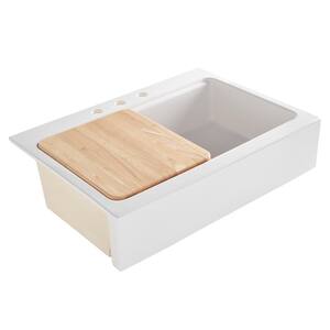 Josephine 34in. Quick-Fit Drop-In Farmhouse Single Bowl Crisp White Fireclay Workstation Kitchen Sink with Cutting Board