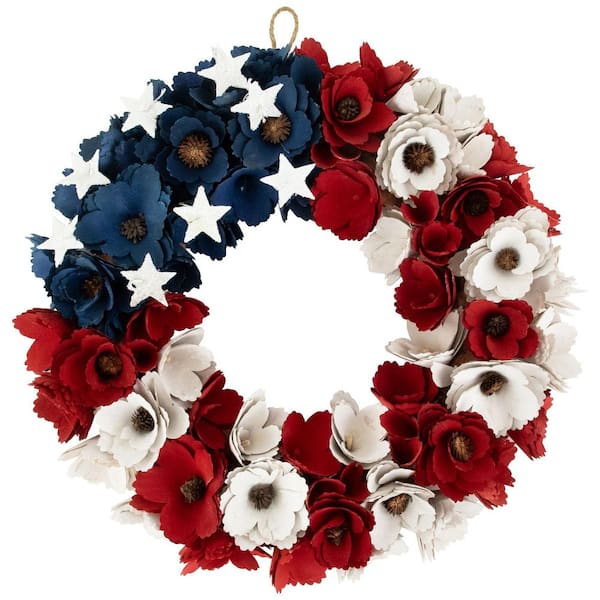 15 in. Americana Floral Flag Artificial Wooden Wreath-Unlit