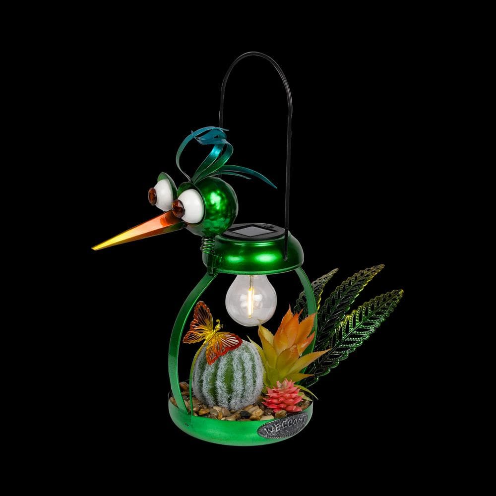 Whimsical Green Metal Heron with Solar LED Light