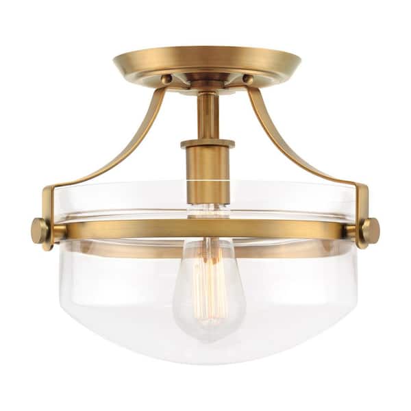 Zurich 12.25 in 60-Watt 1-Light Warm Brass Modern Semi-Flush with Clear Shade, No Bulb Included