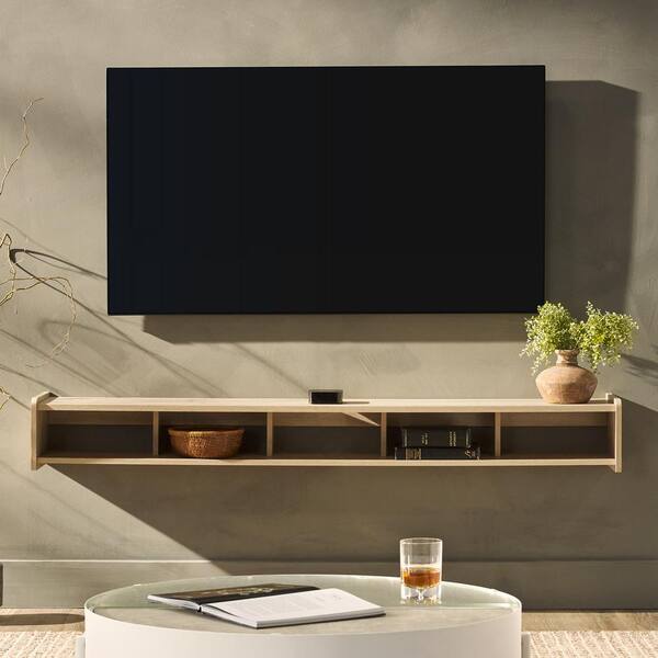 65 in. Coastal Oak Wood Modern Floating TV Stand with Divided Shelf Fits TVS Up to 70 in