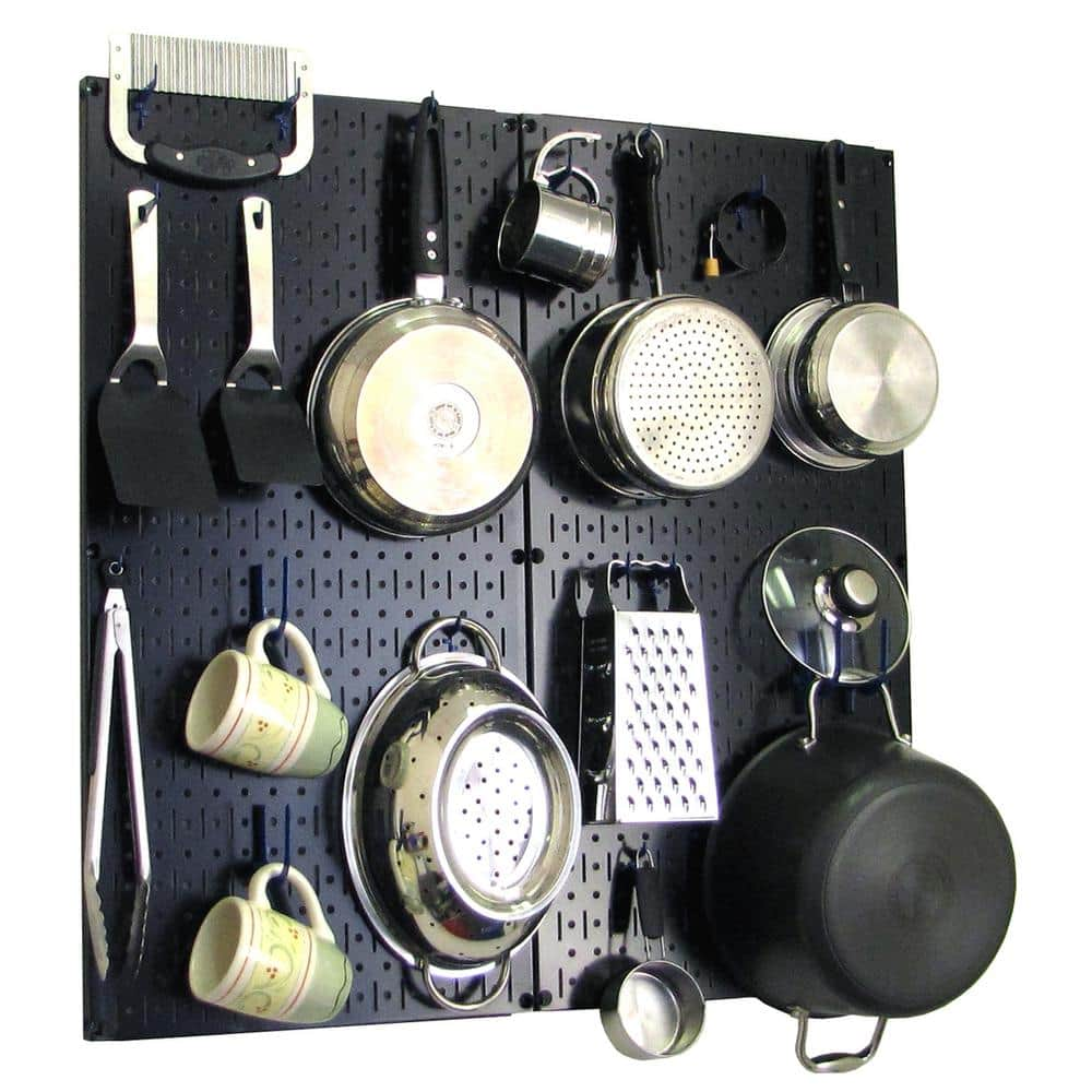 Wall Control Kitchen Pegboard 32 in. x 32 in. Metal Peg Board Pantry Organizer Kitchen Pot Rack Black Pegboard and Blue Peg Hooks