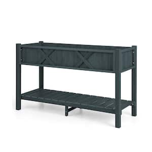 47 in. Poly Wood Indoor/Outdoor Elevated Planter Box with Legs Storage Shelf Drainage Holes-Black