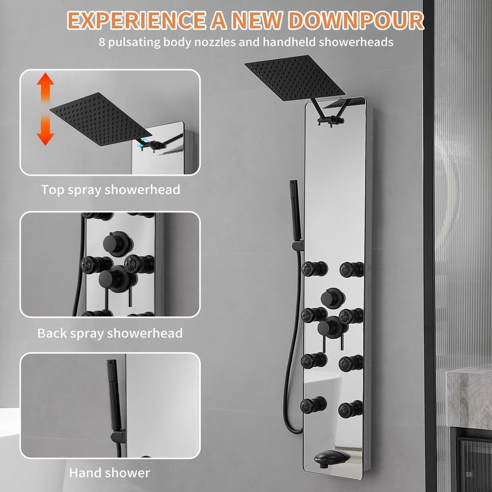 Nickel and Black Multifunction Shower Panel System with Body Jets