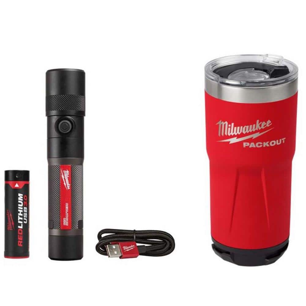 Milwaukee 1100 Lumens LED USB Rechargeable Twist Focus Flashlight with  PACKOUT Red 20 oz. Tumbler 2161-21H-48-22-8392RP The Home Depot