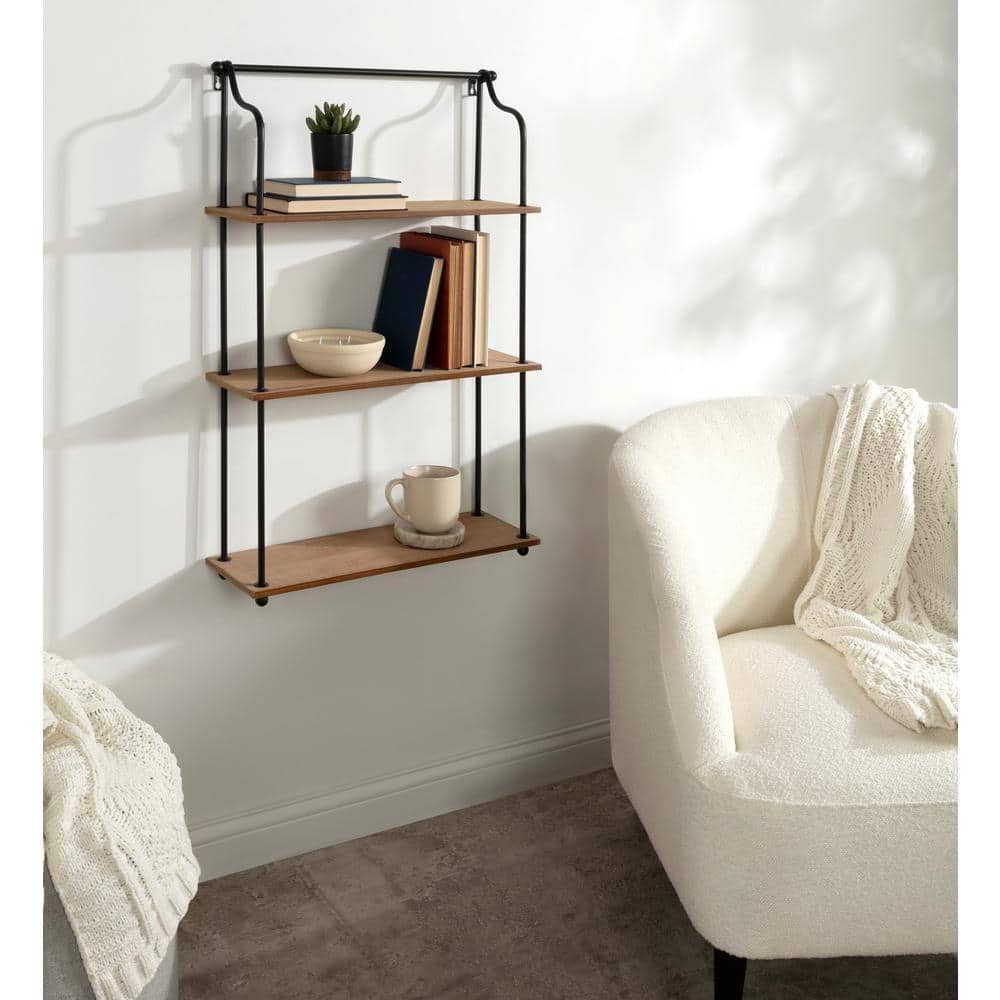 Walters 23" Rustic Brown Wood and Metal Floating Wall Shelf