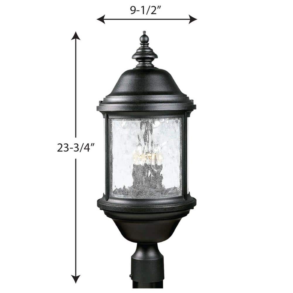 Progress Lighting, Ashmore, 3-Light Post Lantern, Textured Black, Water Seeded Glass, Shade Included