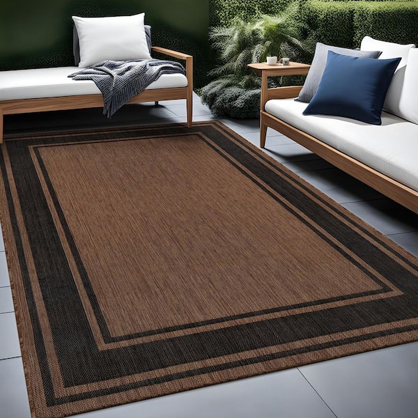 Essence Gold/Black 6 ft. x 9 ft. Bordered Easy to Clean Indoor Outdoor Area Rug