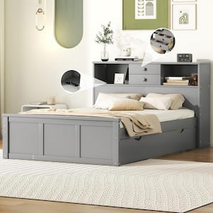 Gray Wood Frame Full Size Platform Bed with Storage Headboard, Shelves, Twin Size Trundle, Drawers, USB Charging