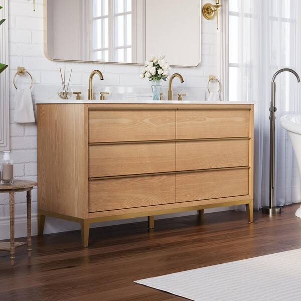 60 in. W x 22 in. D x 35 in. H Solid Wood Bath Vanity in OAK with White Stain-Resistant Quartz Top,Certified Double Sink
