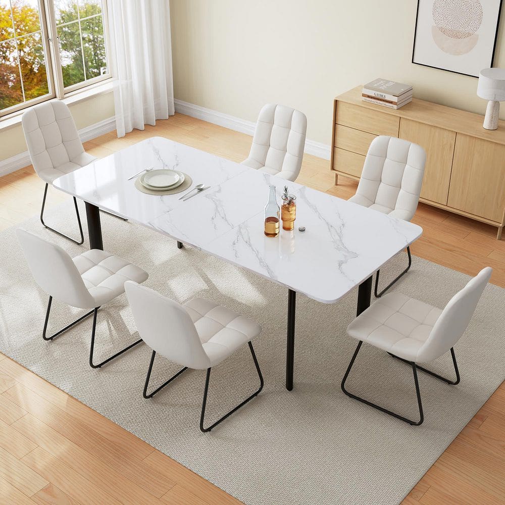 Go Janel GOJANE Modern 7-Piece Extendable Rectangle White MDF Top Dining Room ...