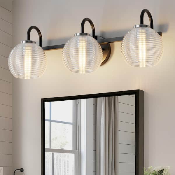 YANSUN 25 in. 3-Light Black Vanity Light with Globe Clear Glass Shades for Bathroom, Mirror, Living Room