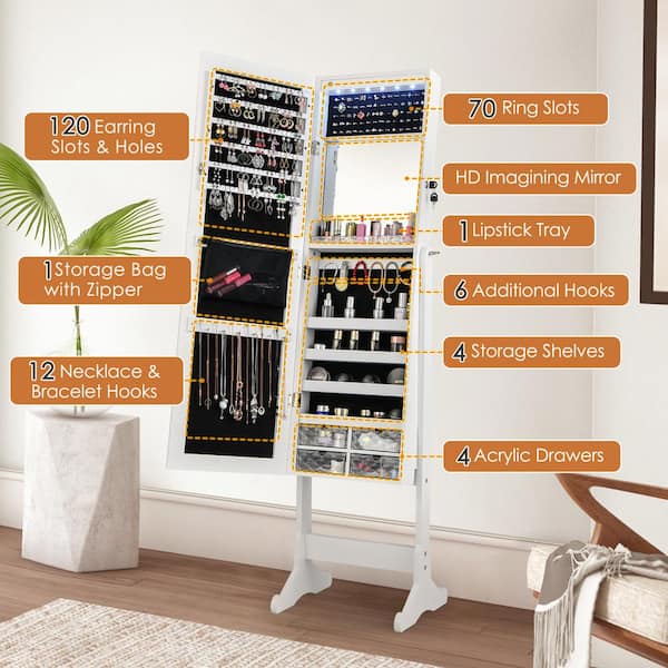 Giantex Lockable Standing Jewelry Armoire With Full Length Mirror, Large Storage Capacity Jewelry Cabinet Organizer With 2 Drawers, 4