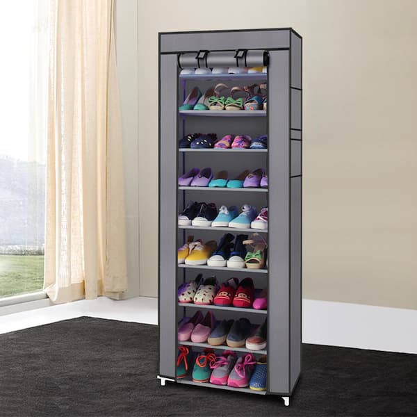 27 Pairs Portable Shoe Rack Storage Organizer 6 Tiers Boot Rack Shelf for Closet with Dustproof Cover, Size: 9 Lattices, Gray