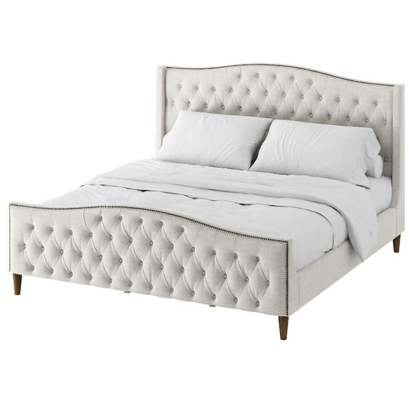 JAYDEN CREATION Edmund White Wood 87 in. Wx 80.6 in. D x 52.5 in. H Tufted Frame Upholstered King Platform Bed with Nailhead Trim Design