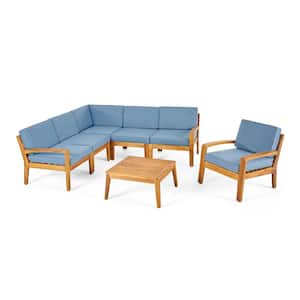 Grenada Teak Brown 7-Piece Wood Patio Conversation Set with Blue Cushions