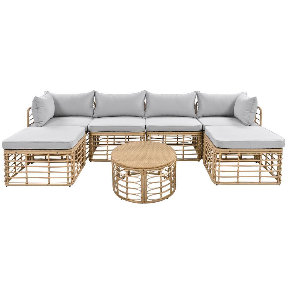 7-Piece All-Weather Rattan Wicker Outdoor Sectional Set with Grey Cushions 
