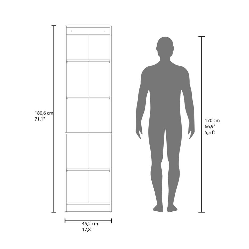Diagram showing dimensions of the storage cabinet and a person for scale.