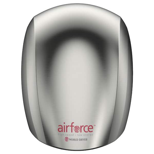 WORLD DRYER Airforce Electric Hand Dryer, High Speed, Antimicrobial Technology, 110-120 volt, Aluminum Brushed Stainless Steel