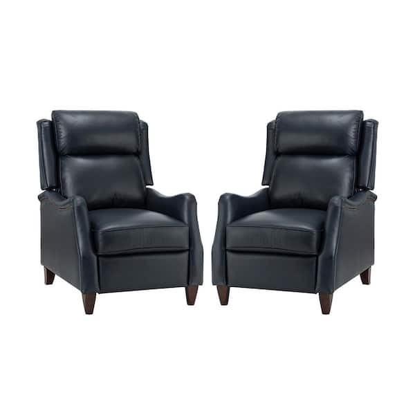 JAYDEN CREATION Heinrich Navy Genuine Leather Recliner with Solid Wood Legs (Set of 2)
