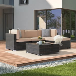 5-Pieces PE Rattan Wicker Outdoor Sectional Conversation Couch All-Weather Sofa Sets with Oyster White Cushion