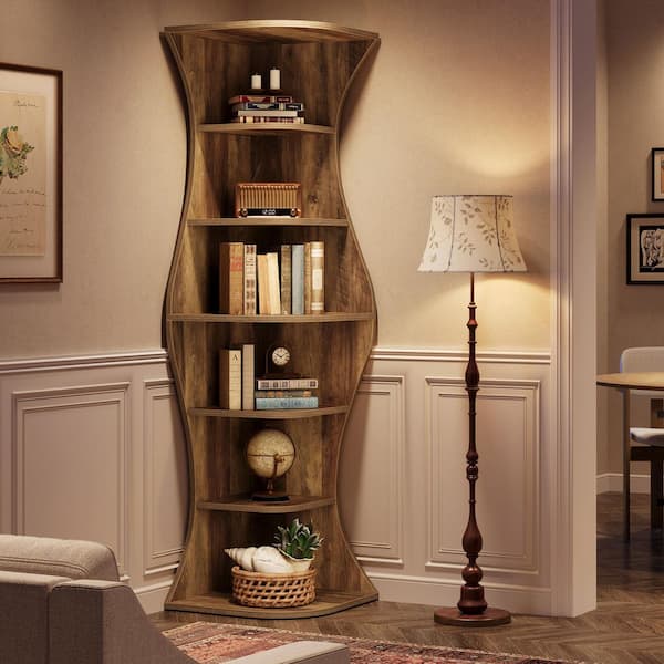 Eulas 73.2 in. Tall Brown Wood 6-Shelf Standard Bookcase, Farmhouse Corner Shelf for Small Space, Freestanding Bookshelf