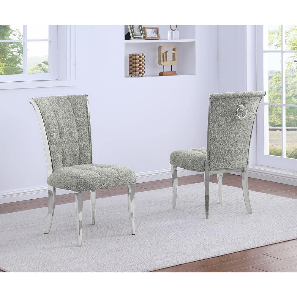 Rich Gray Boucle Fabric Side Chair with Silver Metal Legs