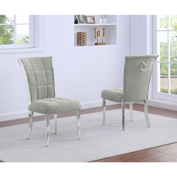Best Quality Furniture Raina Rich Grey Boucle Fabric Side Chair (Set of 2) with Silver Legs
