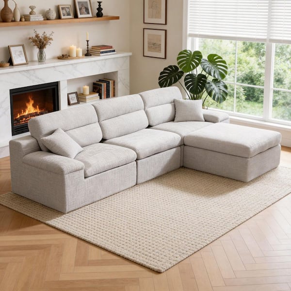 Magnus 110.63 in. 4-Piece Chenille Modular Sleeper Compressed Sectional Sofa in Light Gray with Ottoman