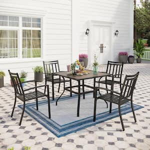 Black 5-Piece Metal Outdoor Patio Dining Set with Wood-Look Square Table and Stripe Stackable Chairs