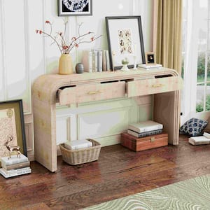 Unique Retro 59.05 in. Natural Wood Wash Rectangle Wood Console Table with Open Style, 2 Top Drawers for Living Room