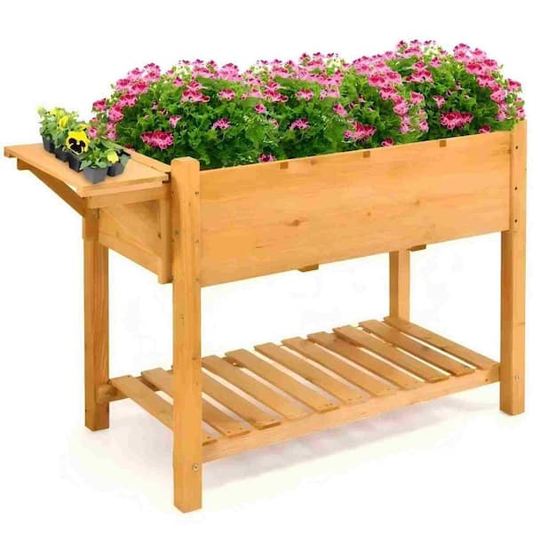 Elevated Planter Box-8 Grids for Plants, with Folding Tabletop for Gardening Tools and Prep, Space-Saving Design Wood