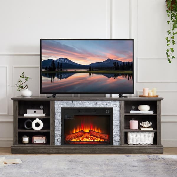 70 in. Freestanding Large TV Desk Storage Rack with Faux Stacked Stone Surround, with Large Storage Cabinet, Grey