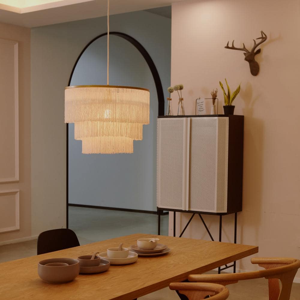 60" White LED Drum Pendant Light with Gold Accents