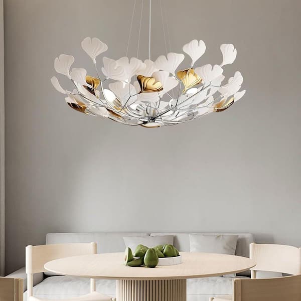Gleam Flare 6-Light Silver Chandelier, Luxury Ceramic Ginkgo Branch Chandelier for Living Room, Dining Room, Kitchen Island-L31 in.
