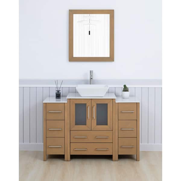 Vanity Art 48 in. W Single Basin Natural Oak Bath Vanity with White Engineered Marble Top and Mirror