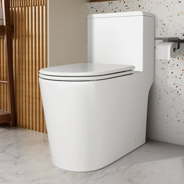 1-piece 1.1 GPF/1.6 GPF Dual Flush Elongated Toilet in White Slow-Close, Seat Included