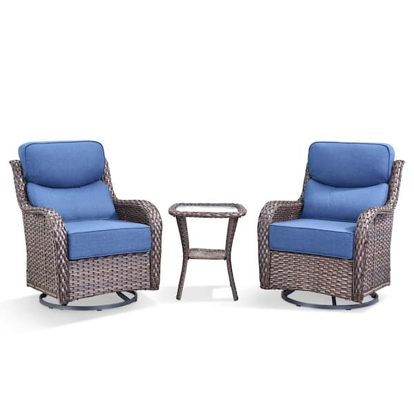 6 in Thicken Brown 3-Pieces Outdoor Patio Conversation Rocking Chair Swivel Glide with Table and Blue Cushions