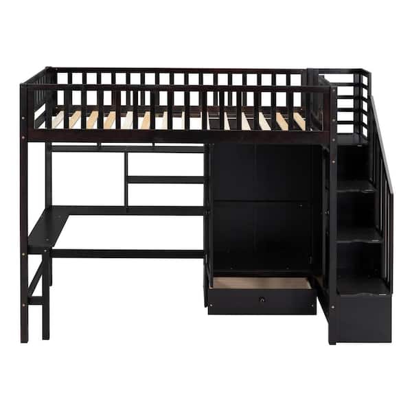 Twin size Loft Bed with Bookshelf, Drawers, Desk, and Wardrobe-Espresso