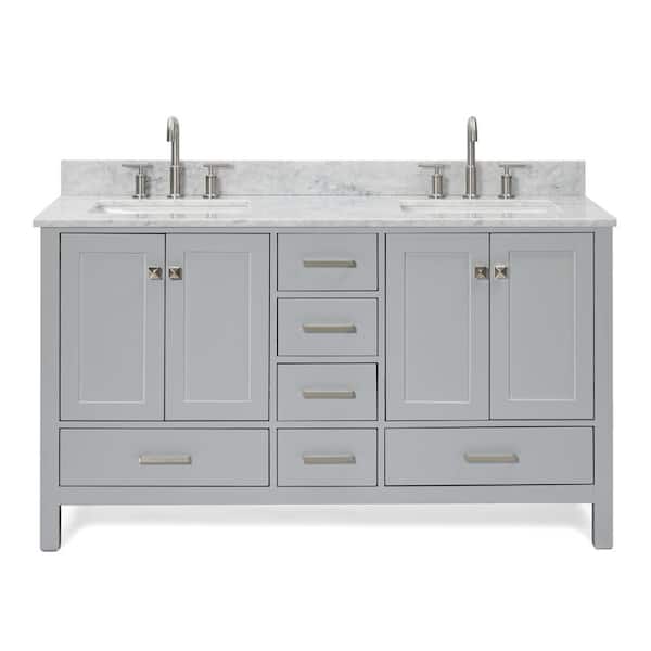 Cambridge 60 in. Double Sink Freestanding Bathroom Vanity in Gray with Carrara White Marble Top