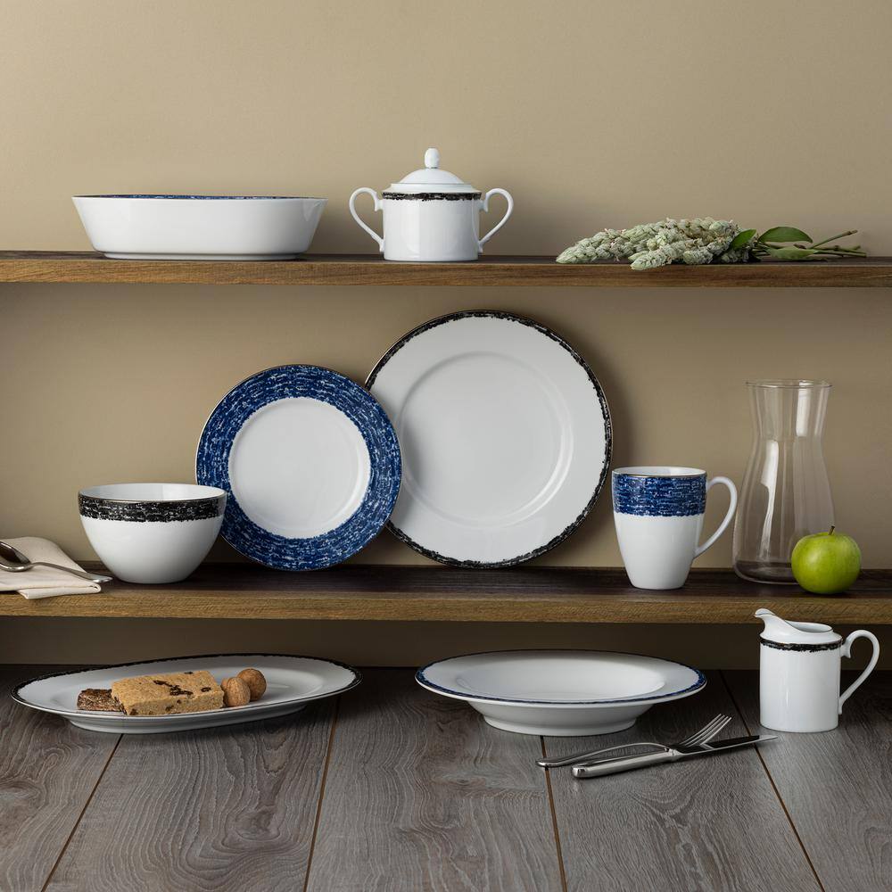 Blue and White Porcelain Salad Plates with Metallic Band, Set of 4
