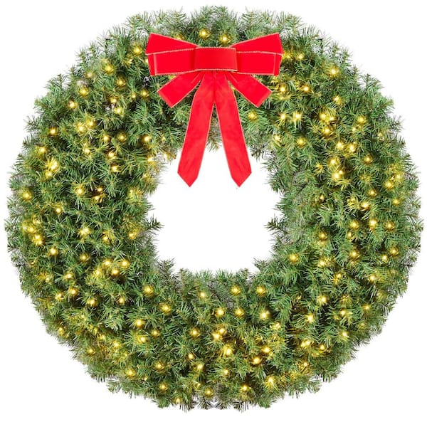 48in Pre-lit Christmas Wreath with Red Bowknot and 200-LED Lights